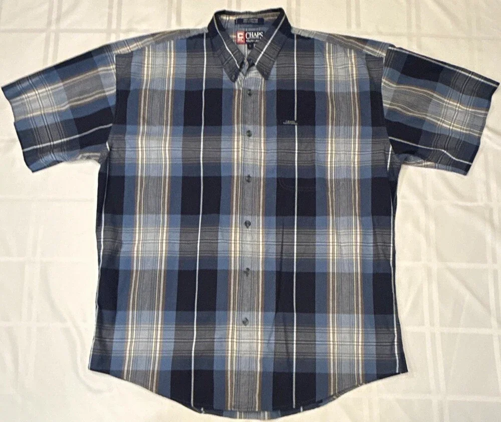 Vintage Chaps Ralph Lauren Plaid Shirt Mens L Short Sleeve Button Down Blue 90s